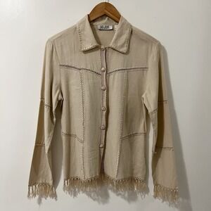 Selene Sport Womens Small Linen Rayon Beige Crochet Trim Fringe Hem Button Shirt
